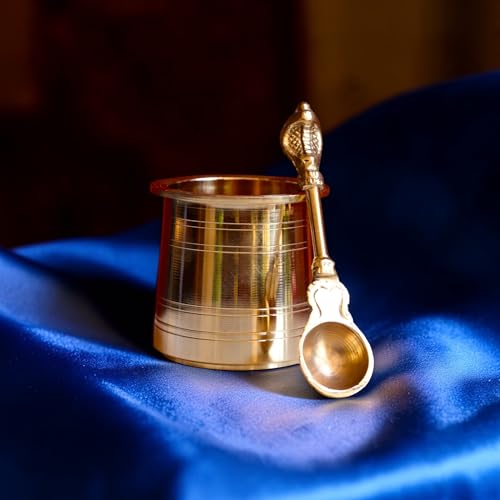 Image of Brass Heavy Embossed Panchapatra Udharini Set Snake Head Design Udarini | Pooja Accessory for Home, Office Temple | Pooja Glass and Spoon for Charnamrit | Height : 2.5 Inch | Weight : 190 gm