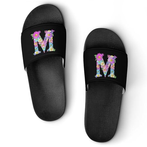 Flower Letter M Non Slip Slides Sandals for Women Men Quick Drying Shower Shoes for Bathroom Pool Beach
