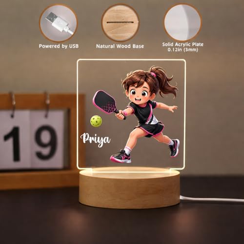 Image of SNAPTRAP Personalized Pickleball LED Lamp with Name for Girls | Customized Acrylic Night Lamp with Wooden Base | Sports Gift for Kids, Girls & Women | USB Powered Bedroom & Desk Decor Light