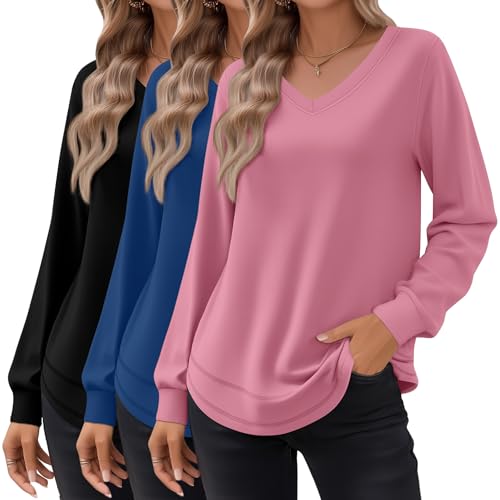 Riyiper 3 Pack Women's Long Sleeve Sweatshirts, Cotton V Neck Tops Loose Fit Curved Hem Tunic Tops Basic Casual Fall Shirts