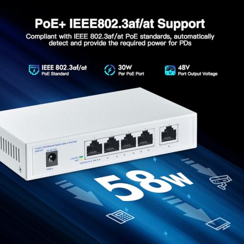 Image of 5-Port 2.5 Gigabit PoE Switch, 4 x 2.5G PoE+ Ports + 1 x 2.5G Uplink, YuLinca 2500Mbps Unmanaged Desktop Switch, IEEE 802.3bz /at /af Compliant, Auto MDI /MDIX, Plug & Play