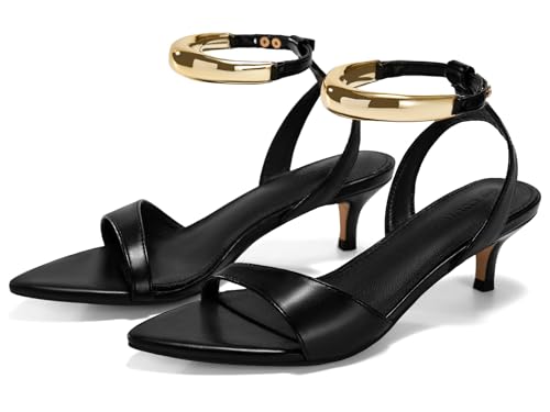 Coutgo Womens Low Kitten Heels Sandals Strappy Pointed Open Toe One Strap Metal Summer Dress Shoes