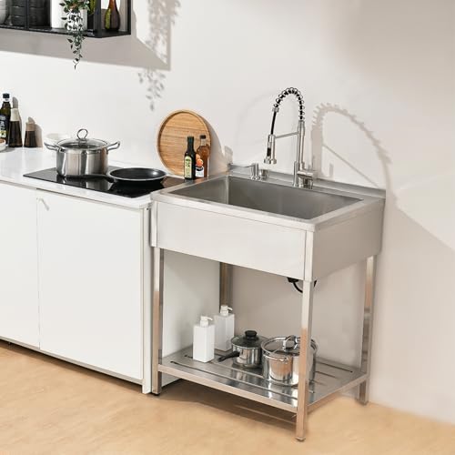 Bokaiya Stainless Steel Utility Sink Free Standing, Large Freestanding Laundry Sink with Faucet 16 Gauge Stainless Outdoor Single Bowl Commercial Sinks for Restaurant Garage (30.7' x 21.6' x 35')