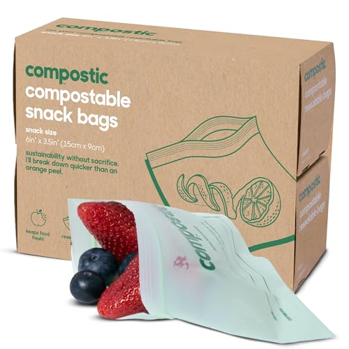 Compostic Compostable Snack Bags Snack Size (90 + 10 Count) Everyday Essential Resealable Zip-Seal Plant-Based Home Compostable Freezer Safe BPA-Free Non-Toxic GMO-Free Food Storage Bags