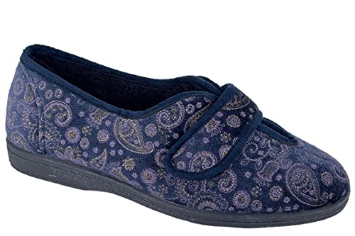 Sleepers Womens Ivy Touch Fastening V Throat Slippers Wide Fit with Rubber Sole Navy Blue (EE Fitting) 8 UK