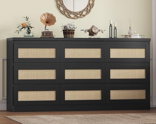 Patikuin Rattan 9 Drawer Dresser with Charging Station, Farmhouse...