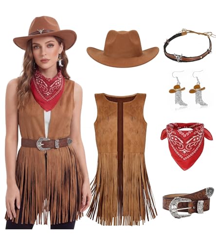 6 PCS Women Cowgirl Costume Set Western Cowboy Outfits with Vest Hat Belt Earring Bandana for Halloween Costumes 2026 Cosplay
