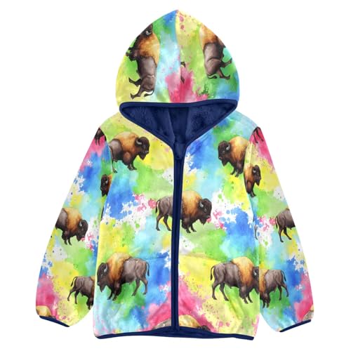 Colorful Bison Abstract Toddler Fleece Jacket Girl Boys Hooded Fleece Jacket Coat Warm Outwear Zip-up 3-10T