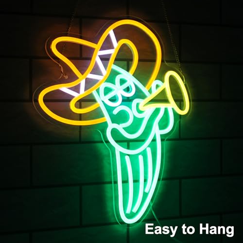 Image of Cactus Sombrero Hat Neon Sign Play Trumpet Neon Light for Bedroom Bar Decor | Dimmable Music LED Signs for Wall Decor, Cinco De Mayo Mexican Party Decor, Acrylic Celebrate Carnival Wall Sign, USB Powered