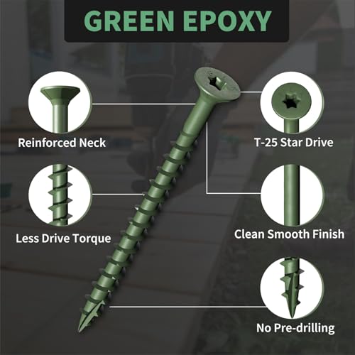 Image of Wood Screws 2-1 /2 Inch, FIXLINK Deck Screws #10 x 2-1 /2 inch, 310 PCS, Epoxy Coated, T25 Star Bit Above 1500 Hour Salt Spray Coating Outdoor Decking Screws Excellent Rust Resistant for Wood Fence, Green