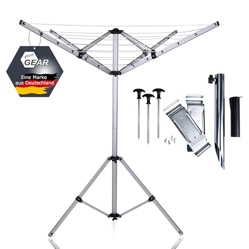your GEAR Siena - Alu Wäschespinne für Caravan Camping Balkon Garten - Mobiler Wäscheständer mit 15m UV-beständiger Leine - Wetterfest und Platzsparend - mit Stützrad-Halterung, Standfuß, Bodenhülse