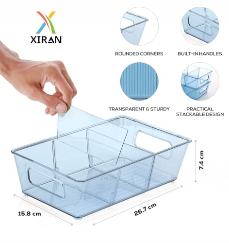 Image of Xiran Fridge Storage Boxes Organizer Bins, 3 Partition Stackable Fridge Storage Basket, Plastic Freezer Storage Containers for Fish, Meat, Vegetables, Fruits (Pack of 2, Blue)