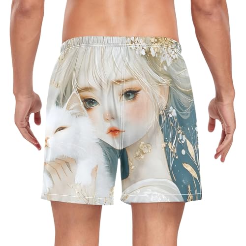 Woman Cat Abstract Leaf Mens Swim Trunks with Liner, Cool Quick Dry Beach Swim Shorts, Swimwear Bathing Suits S2