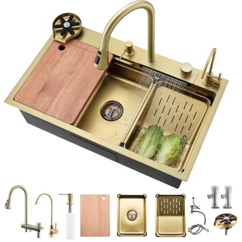 Bokaiya Évier de Cuisine, Cascade Multifonction, Evier de Cuisine à Comptoir Raindance Professionnel Lavabo Acier Inoxydable avec Lave Verre & Robinet Extractiblen Haute Pression Or 75x45 cm