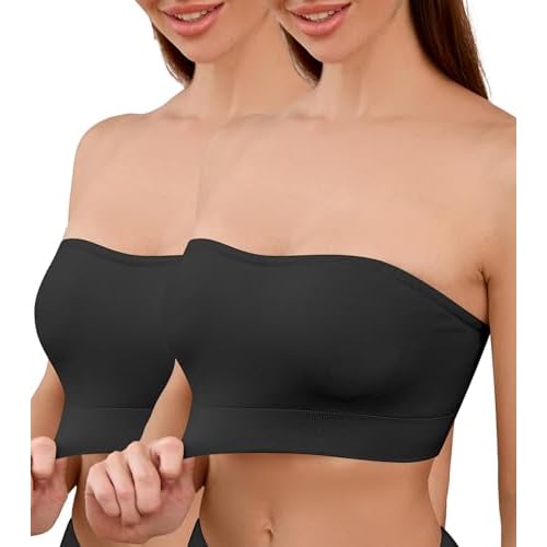 DEANGELMON Strapless Bras for Women Wireless Push Up Non-Slip Bandeau Bra Seamless Clear Straps TubeTop Padded Bralette 2pcs-black Large