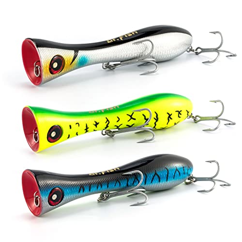 Dr.Fish Saltwater GT Popper 8 Inches Big Game Lures VMC Treble Hooks Surf Fishinq Offshore Plug Wire Throuqh Heavy Duty Black Chartreuse Blue Mackerel