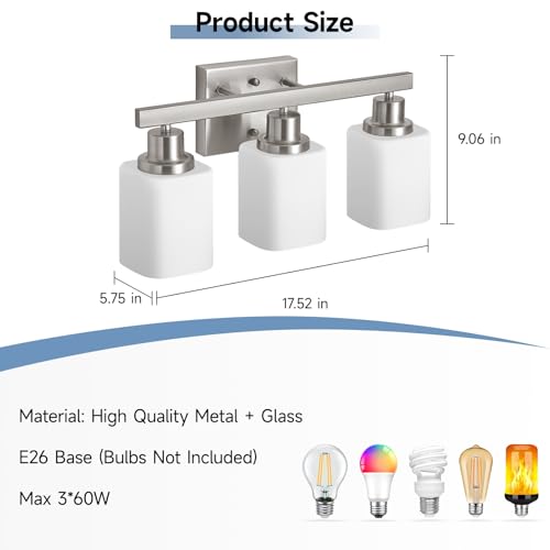 Image of 3-Light Bathroom Vanity Light,Brushed Nickel Vanity Lights with Square Frosted Glass,Modern Bathroom Wall Lights Fixtures Over Mirror,Wall Sconces Lighting for Bedroom Living Room,E26