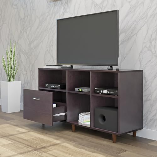 Image of VIKI Modern TV Unit for Living Room | Engineered Wood TV Cabinet with 1 Drawer Storage & 3 Open Shelves, Set Top Box Stand, Entertainment Unit, 140W x 74H x 40D cm | DIY | 1 Year Warranty (Wenge)