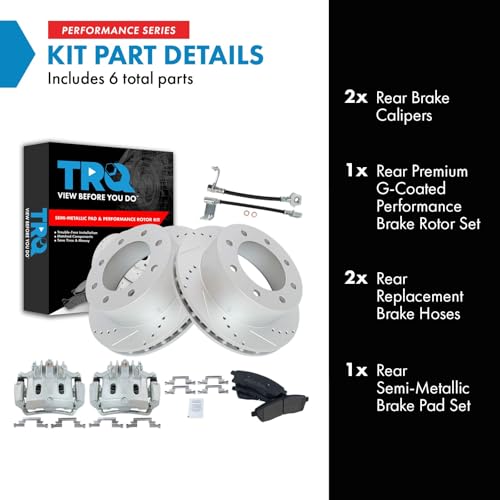 Image of TRQ Rear Brake Pad & Rotor Kit Performance Semi-Metallic Premium G-Coated Driver & Passenger Side Compatible with 2000-2005 Ford Excursion 2001 F-250 Super Duty 2000-2001 F-350 Super Duty