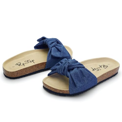 Image of PepStep Slide Sandals for Women or Ladies Dressy Summer Casual, Cute Bow Tie Knot On Top Strap, Comfy Slip On Cork Foot Bed