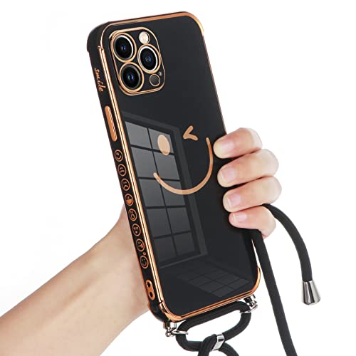 Cover Cordino per iPhone 13 Pro Max 6.7 con Disegni Custodia Smile Face Motivo con Laccio Tracolla Collana Protezione Fotocamera Morbido Antiurto Case con Regolabile silicone nero