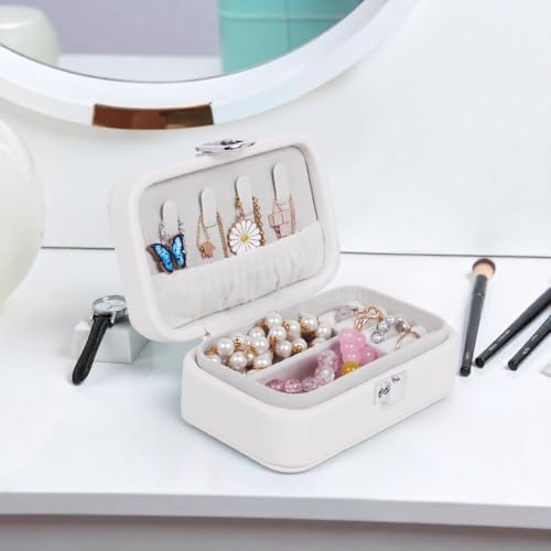 Image of BucketList PU Leather Jewellery Organizer Box with Ring Slots & Necklace Hooks | Compact Jewelry Storage Case with Secure Lock (Travel Jewellery Box Rectangular (White))