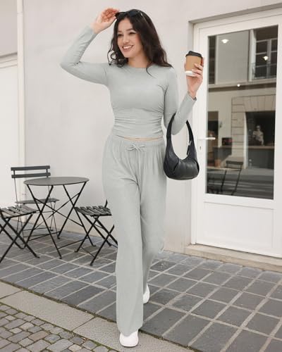 Image of ZOOSIXX Lounge Sets for Women - 2 Piece Outfits Crop Tops with Fold Over Flare Leggings Fall Loungewear Fitted Pajama