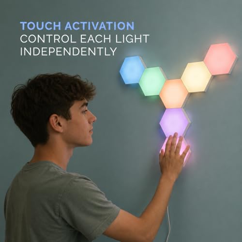 Image of Emberela HEXlights Sensory Lights for Teens - 7pk Touch Hexagon Lights, Remote Controlled - Autism-Friendly Tap Tap Wall LED Panels for Sensory Room - Table Stand Included