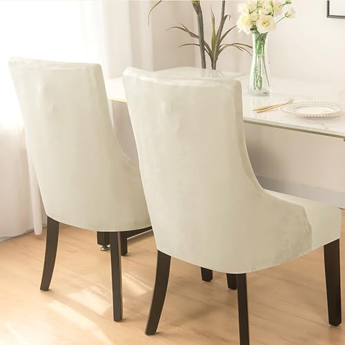 Housse fauteuil à oreilles velours extensible beige et antidérapante - 5