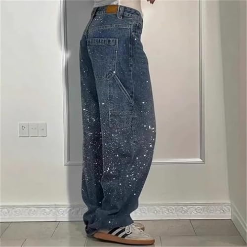 Women's Casual Rhinestone Loose Harem Jeans, Women's Casual Rhinestone Loose Jeans, Wide Leg Sparkly Jeans with Pocket3