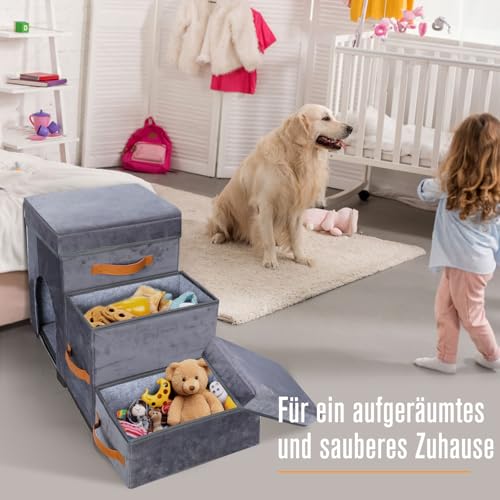 Hundetreppe für Kleine Hunde,Masthome Haustiertreppe 3 Stufen mit Aufbewahrungsbox,Hundetreppe aus Hochdichtem Schwamm,Hunde Treppe mit Waschbarem Bezug und Rutschfestem Boden,für Bett,Sofa,Couch