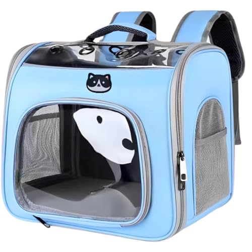 Mochila de Transporte Pet com Visão Panorâmica, Nylon Oxford e Poliéster, Premium, 37x35x28 cm, com Janela Transparente, Telas Laterais e Alças Acolchoadas, para Cães e Gatos até 10kg (Azul)