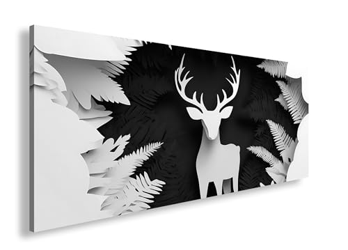 Leinwandbild Papierhirsch vor rotem Farn – kunstvoll und kontrastreich Panorama 100x50cm Effekt: Schwarz&Weiß XXL Wandbild auf Keilrahmen/Kunstdruck/Bild Wohnzimmer Dekoration