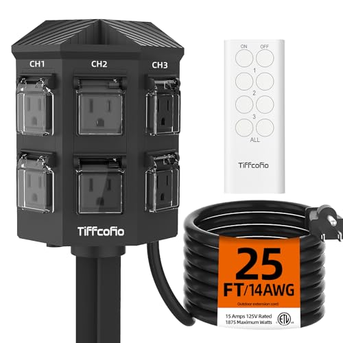 Outdoor Remote Control Power Strip, 25FT Extension Cord Waterproof, Independent Control Outlets...