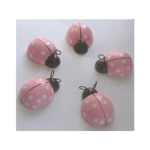 Wooden Pink and White Ladybug Wall Hangings - Set of 5