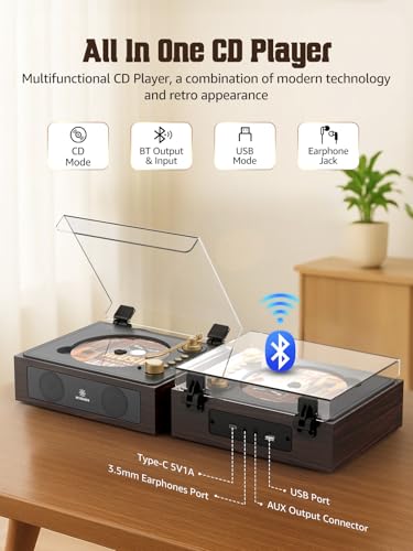 Image of CD Player with Built-in Speakers Bluetooth Retro Portable CD Players for Home Music Player with Remote Control Headphone Jack Walnut Brown