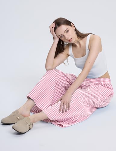 Image of LOMON Womens Wide Leg Capri Pants Gingham Plaid Culottes Summer Elastic Waist Palazzo Trousers Bottoms with Pockets