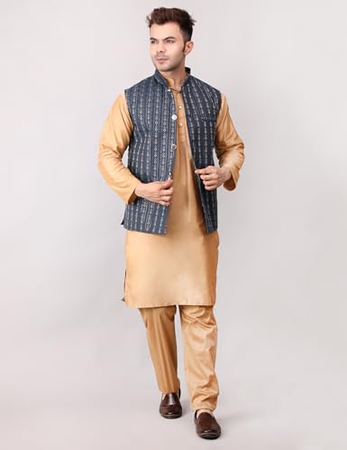 Image of Men's Cotton Silk Blend Regular Kurta Pyjama, Embroidered Nehru Jacket /Waistcoat Set