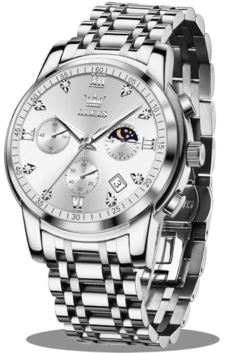 OLEVS Silver Watch for Men Luxury Elegant Classic Fashion Big Face Dress Men's Watches with Day Quartz Analog Stainless Steel Men's Wrist Watches Waterproof Moon Phase Chronograph Relojes De Hombre