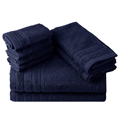 Onyx Linens Navy Blue 8 Pieces Decorative Bath Towel Sets - Cotton Bath Towel Set - Washcloth Set – Hand Towel- 100% Cotton - Highly Absorbent Towels- Hotel Spa Home Gym Beach Towels #TOP21