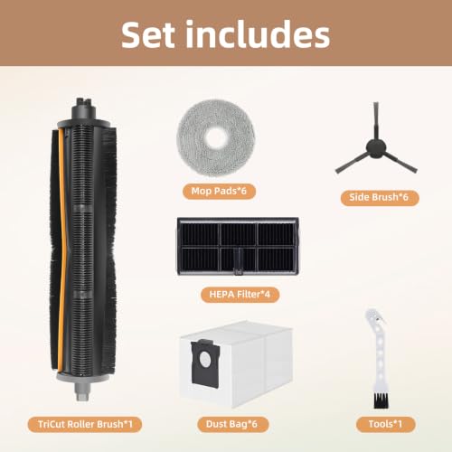 Image of TriCut Brush Accessories Replacement Parts for Dreame L10s Ultra Gen 2 /L10s Pro Ultra /X30 Ultra /L40 Ultra AE, includes 1 Tri-Cut Main Brushe, 4 Filter HEPA, 6 Mop Cloths, 6 Dust Bags, 6 Side Brushes