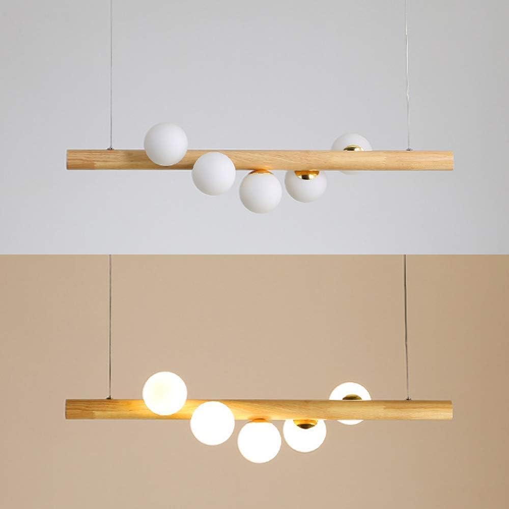 Azanaz Lampada a sospensione Legno Lampada da tavolo da pranzo Vintage,La trave di legno è lunga 80 cm, con 5 sfere di vetro - regolabile in altezza,Lampadario per Della Bar Sala da Pranzo