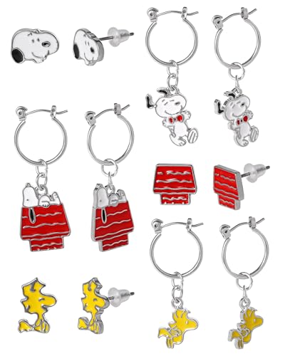 SALLY ROSE Peanuts Woodstock and Snoopy Earrings Pack of 6 Pairs Official License, Enamel-Plated Studs and Hoops with Dangle Charm