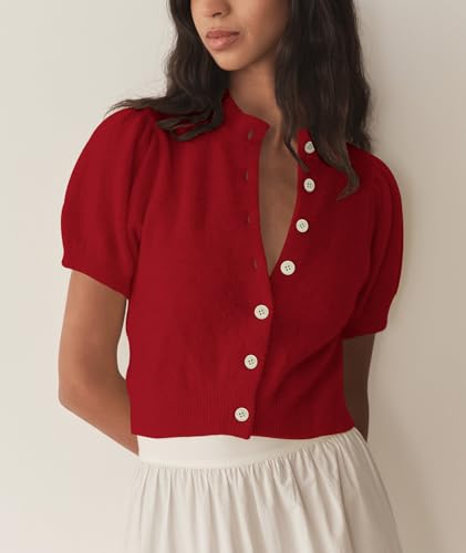 Womens Lightweight Summer Puff Short Sleeve Cardigan Sweaters Button up Y2k Knit Thin Cropped Cardigans4