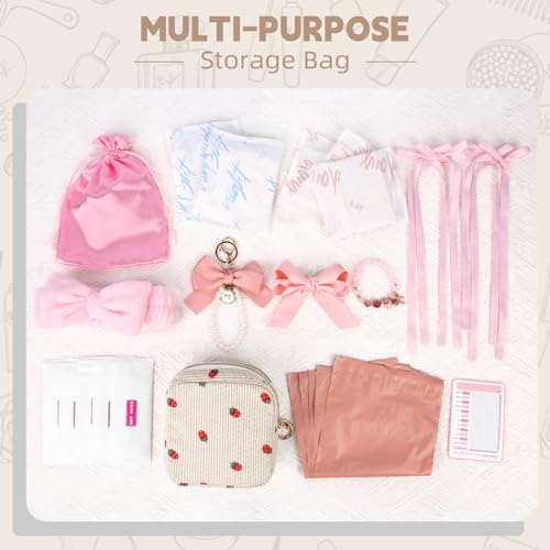 Image of First Period Kit for Teen Girls, Bow Tie Corduroy Cute Sanitary Napkin Storage Bag, Menstrual Pad Bag Tampon Holder for Purse, First Period Gifts, Birthday /Christmas Gifts (Strawberry)