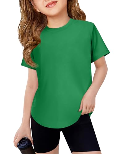 Humordream Girls Athletic Short Sleeve Shirts Kids Curve Hem Soft Tunic Tops Gym Workout Active Tee Green