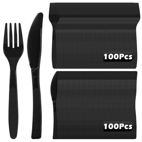 YOMKILU 200 Stück Wiederverwendbares Besteck Set, 100x Messer und 100x Gabeln, Cutlery Set für Partys, Feiern, Feste, Hochzeiten, Schwarz