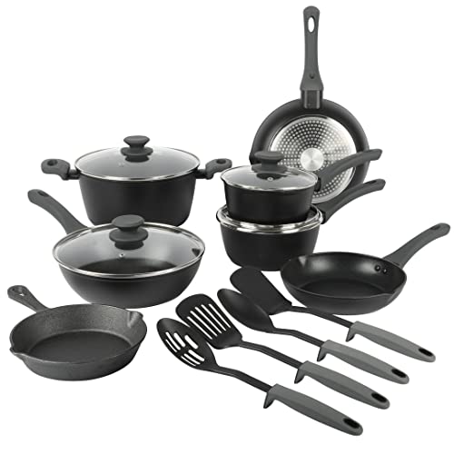 Gibson Soho Lounge Nonstick Forged Aluminum Induction Pots and Pans Cookware Set W/Cast Iron...