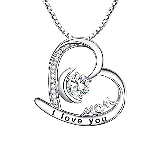 SNORSO Cadeau Fête de Noel, Collier Femme en Argent 925 avec Oxyde de Zirconium, Pendentif Cœur Gravé I love you mom, Bijoux pour Mères Grande Mères Anniversaire