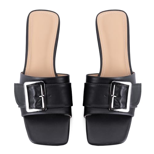 Image of Women's Slide Heeled Sandals Opened Square Toe Chunky Block Heel Slippers with Buckle Slip on Casual Comfortable Pumps